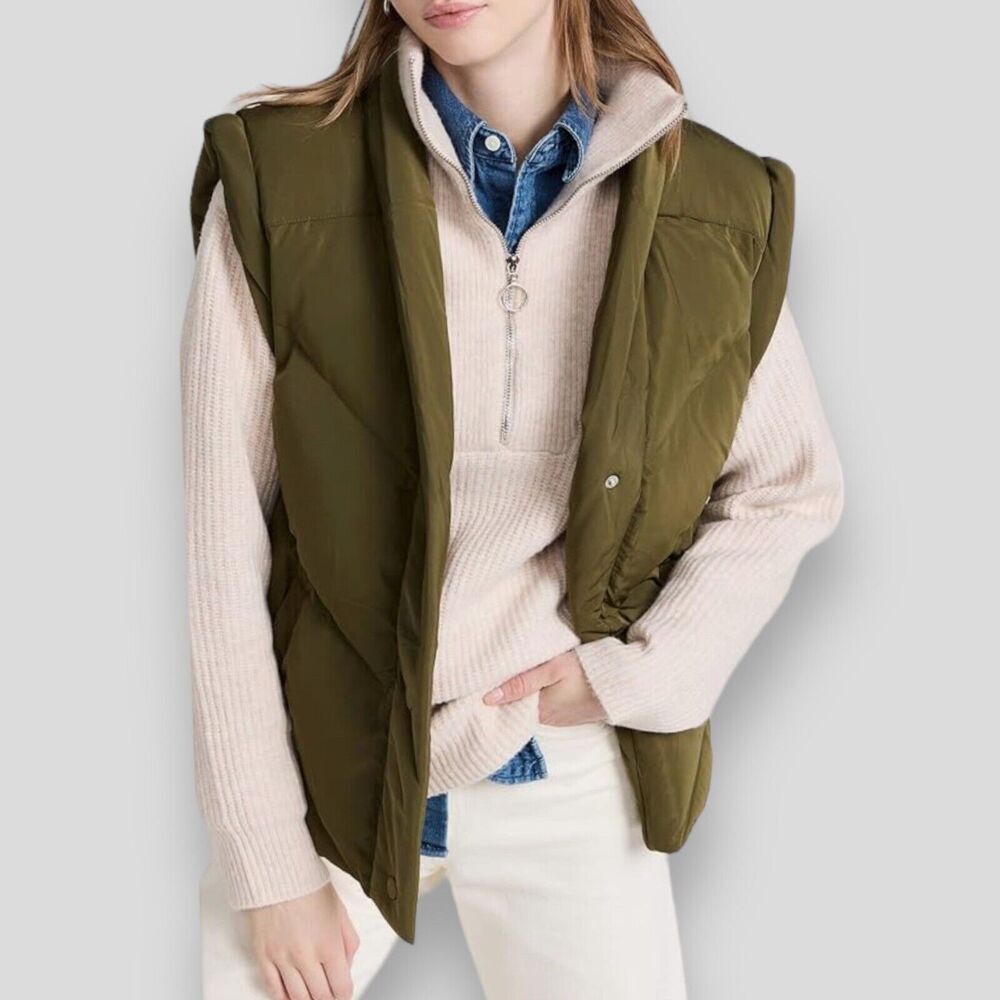 Blank NYC Vest Womens XS Green Quilted Snap Button Shawl V-neck Gorpcore Puffer - Picture 3 of 16